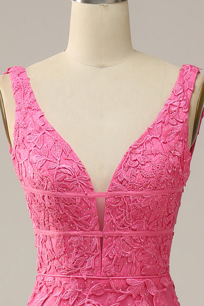 Load image into Gallery viewer, Havfrue Deep V Neck Hot Pink Long Prom kjole med åpen rygg