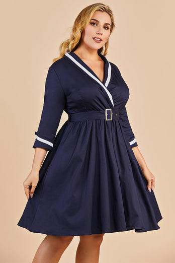 marineblå vintage pluss størrelse wrap kjole