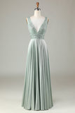 Never-Ending A Line V-Neck Matcha Long Bridesmaid Dress med Beading