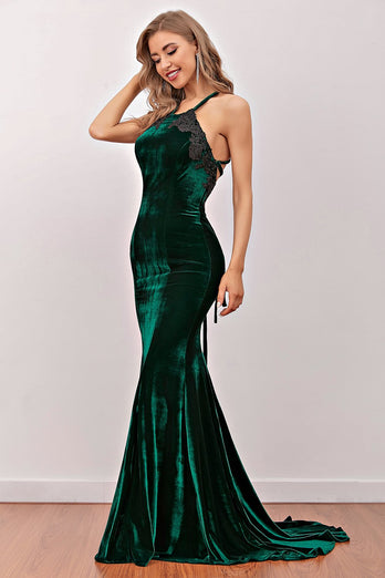 mørk grønn havfrue fløyel lang kjole