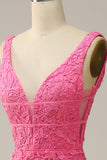 Havfrue Deep V Neck Hot Pink Long Prom kjole med åpen rygg