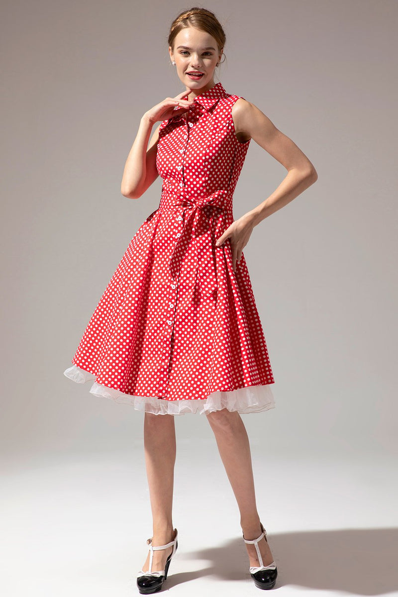 Load image into Gallery viewer, ermeløs polka dot 1950-tallet kjole