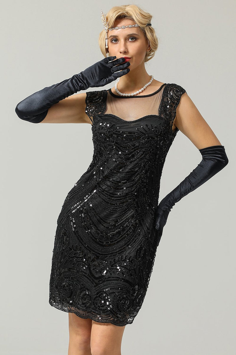 Load image into Gallery viewer, svart 1920-tallet paljett flapper kjole