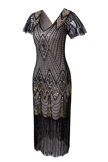 svart og gull paljetter 1920-tallet Flapper kjole