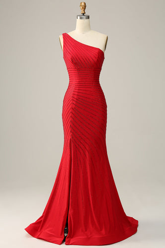 Havfrue En skulder Rød Long Prom kjole med Beading
