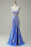 Havfrue V Neck Light Blue Long Prom kjole med Appliques Beading