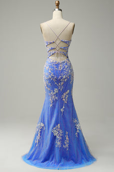 Havfrue V Neck Light Blue Long Prom kjole med Appliques Beading