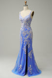 Havfrue V Neck Light Blue Long Prom kjole med Appliques Beading