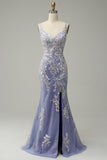 Havfrue V Neck Light Blue Long Prom kjole med Appliques Beading