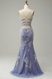 Havfrue V Neck Light Blue Long Prom kjole med Appliques Beading