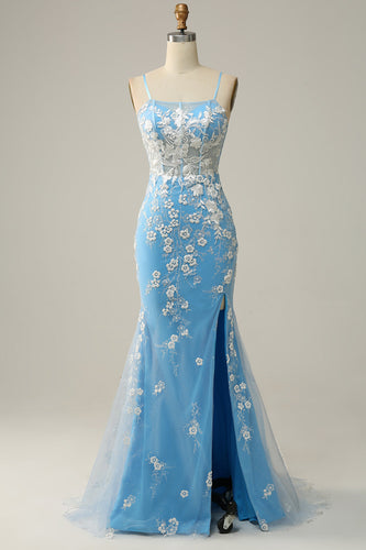 Havfrue Spaghetti stropper Blue Long Prom kjole med Appliques