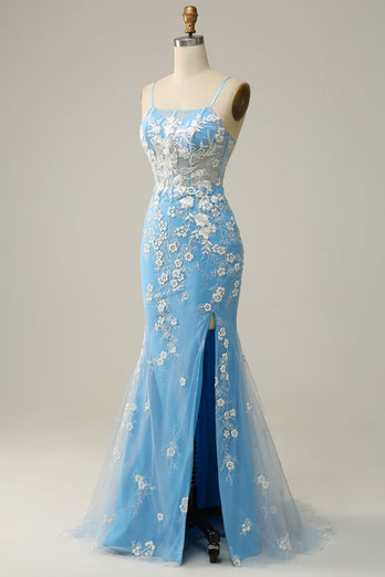 Havfrue Spaghetti stropper Blue Long Prom kjole med Appliques