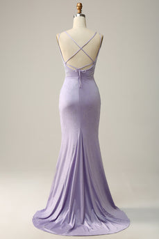 Mermaid Spaghetti stropper Lilac Long Prom kjole med delt front