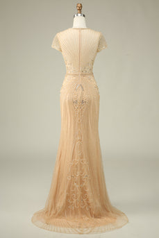 Luksuriøs havfrue juvel hals Champagne Prom kjole med perler