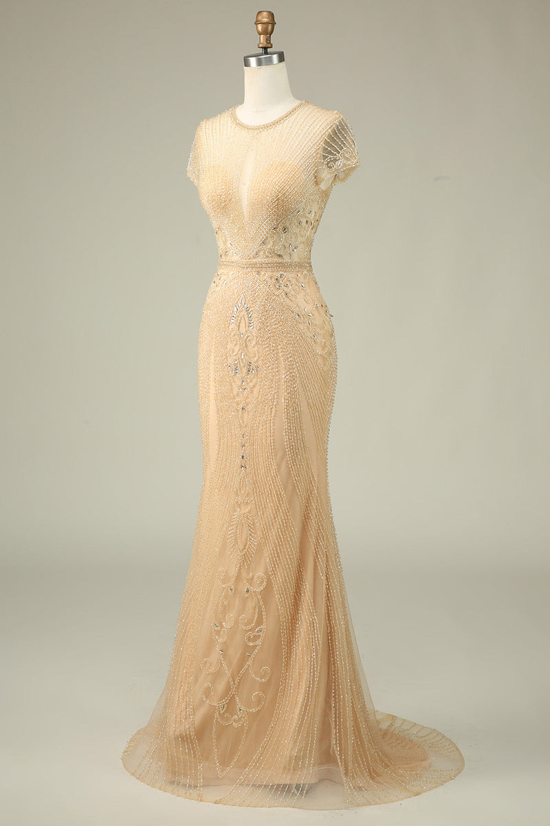 Load image into Gallery viewer, Luksuriøs havfrue juvel hals Champagne Prom kjole med perler