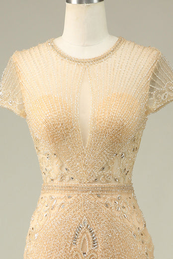 Luksuriøs havfrue juvel hals Champagne Prom kjole med perler