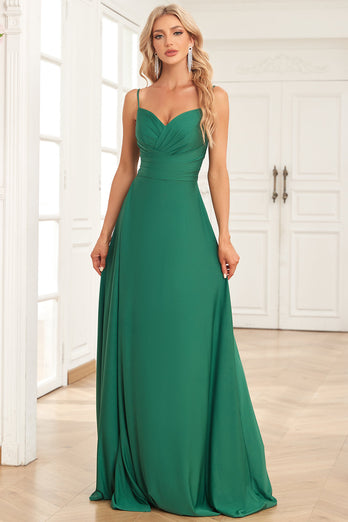 En linje spaghetti stropper mørkegrønn lang brudepike kjole