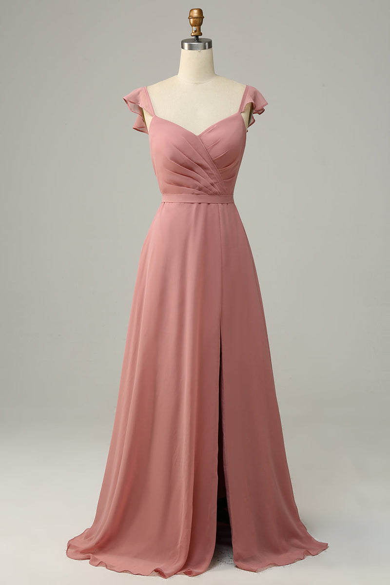 Load image into Gallery viewer, Dusty Rose A Line Ruffles Long brudepike kjole med spalt