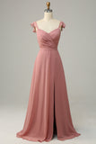 Dusty Rose A Line Ruffles Long brudepike kjole med spalt
