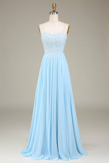 Himmelblå A-linje spaghetti stropper Chiffon lang brudepike kjole med perler
