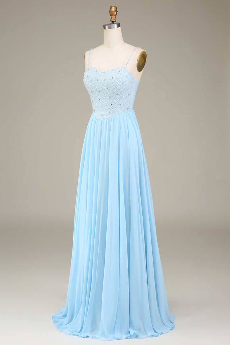 Load image into Gallery viewer, Himmelblå A-linje spaghetti stropper Chiffon lang brudepike kjole med perler