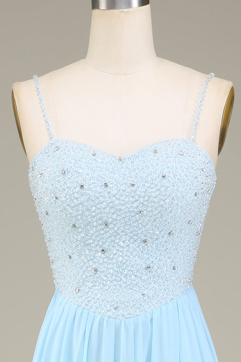 Load image into Gallery viewer, Himmelblå A-linje spaghetti stropper Chiffon lang brudepike kjole med perler