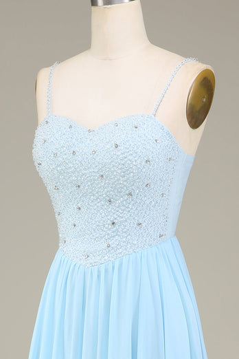Himmelblå A-linje spaghetti stropper Chiffon lang brudepike kjole med perler