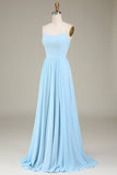 A-Line Spaghetti stropper Himmelblå Chiffon Long brudepike kjole
