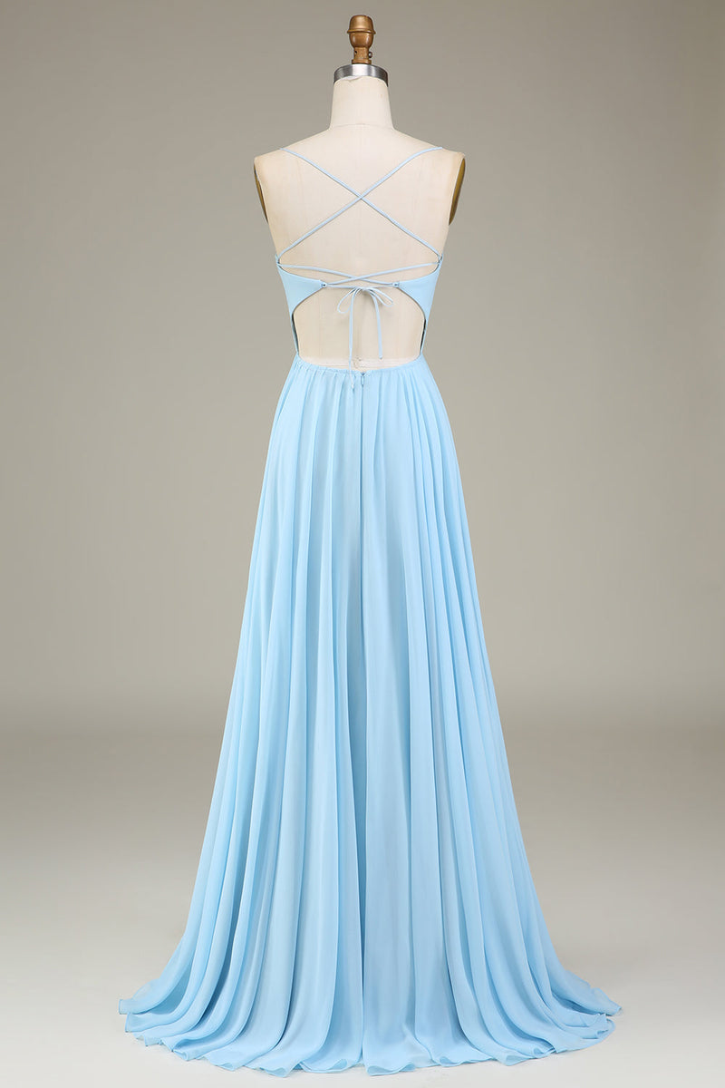 Load image into Gallery viewer, A-Line Spaghetti stropper Himmelblå Chiffon Long brudepike kjole