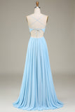 A-Line Spaghetti stropper Himmelblå Chiffon Long brudepike kjole