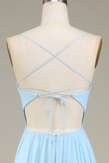 A-Line Spaghetti stropper Himmelblå Chiffon Long brudepike kjole