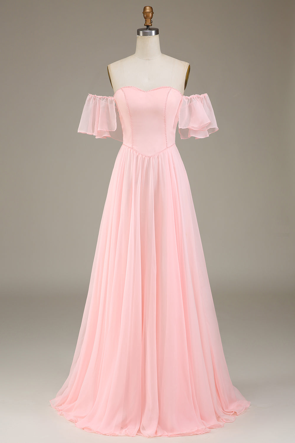 Blush Pink A-linje av skulderen Chiffon Long brudepike kjole