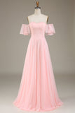 Blush Pink A-linje av skulderen Chiffon Long brudepike kjole
