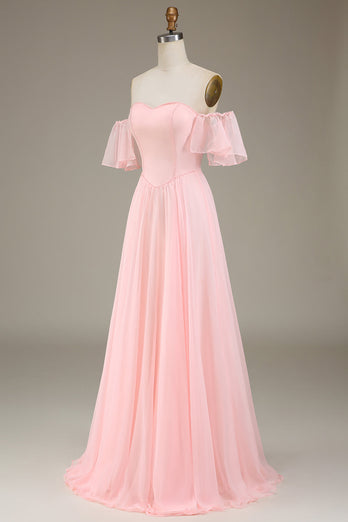 Blush Pink A-linje av skulderen Chiffon Long brudepike kjole