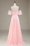 Blush Pink A-linje av skulderen Chiffon Long brudepike kjole
