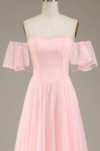 Blush Pink A-linje av skulderen Chiffon Long brudepike kjole
