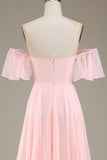 Blush Pink A-linje av skulderen Chiffon Long brudepike kjole
