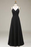 A-Line Spaghetti stropper Svart Chiffon Long brudepike kjole