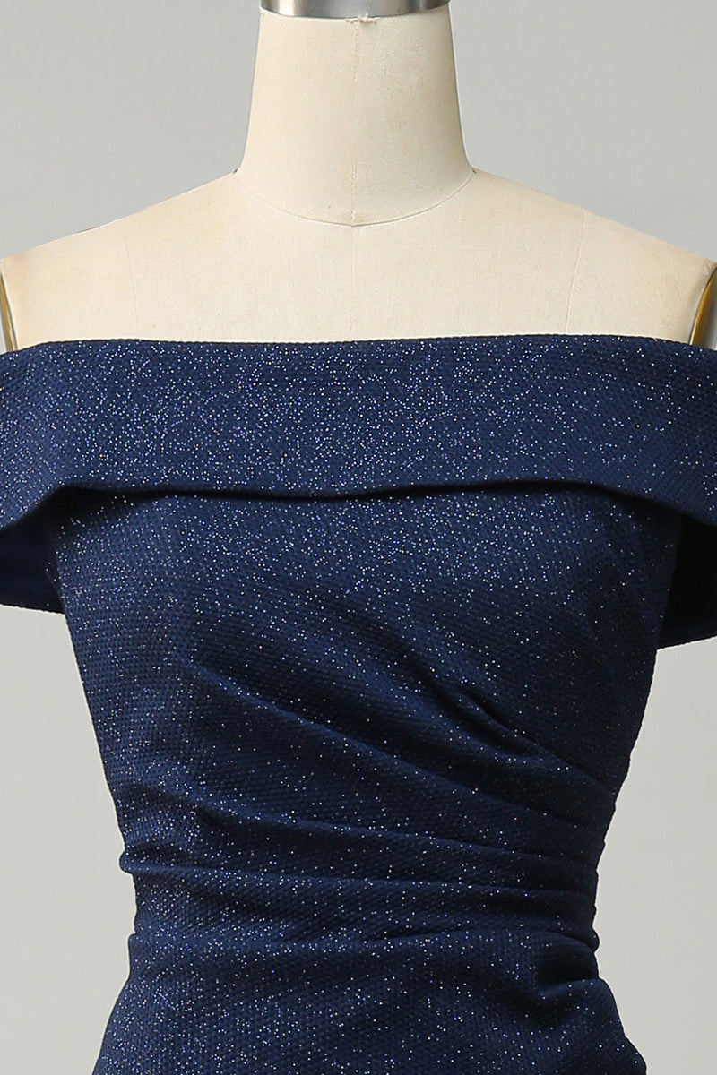 Load image into Gallery viewer, Navy Off The Shoulder Sparkly Slire Long Bridesmaid Dress
