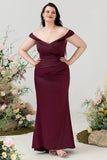 Havfrue av skulderen Burgunder Plus Size Wedding Party Dress