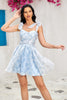 Load image into Gallery viewer, Cute A Line Spaghetti stropper Blå trykt Kort Homecoming Dress