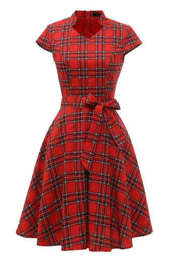rød plaid vintage pluss kjole med bowknot