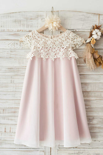 rund hals lys rosa blomst jente kjole med blonder