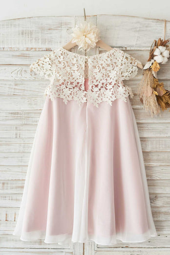 rund hals lys rosa blomst jente kjole med blonder