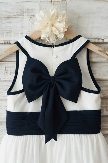 marineblå hvit blomst jente kjole med bowknot