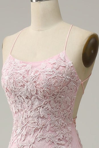 Havfrue Spaghetti stropper Lys rosa Long Prom kjole med Appliques