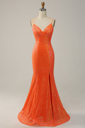 Havfrue Spaghetti stropper Orange paljetter Prom kjole med delt front