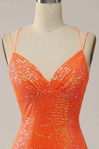Havfrue Spaghetti stropper Orange paljetter Prom kjole med delt front