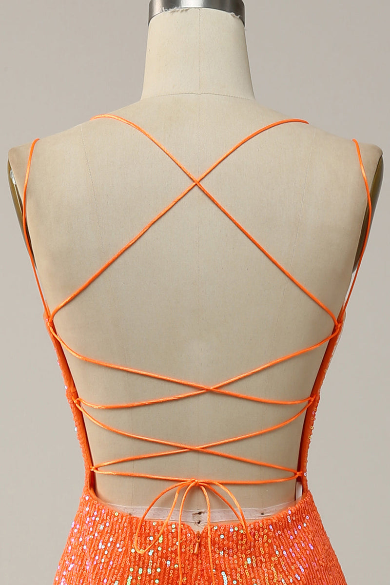 Load image into Gallery viewer, Havfrue Spaghetti stropper Orange paljetter Prom kjole med delt front