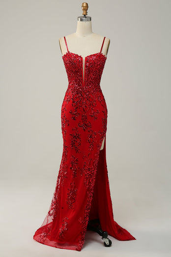 Havfrue Spaghetti stropper Royal Blue paljetter Long Prom kjole med delt front